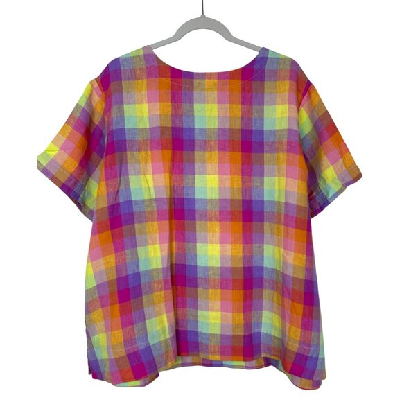 Lands' End Top Women's Multicolor Rainbow Plaid 100% Linen Short Sleeve 2X - Picture 2 of 8